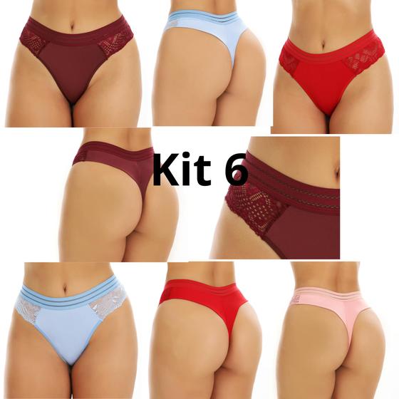 Imagem de Kit 6 Calcinha Fio Dental Fio Duplo Lingerie Com Renda e Elástico na Cintura Tanga Sugestiva 1082