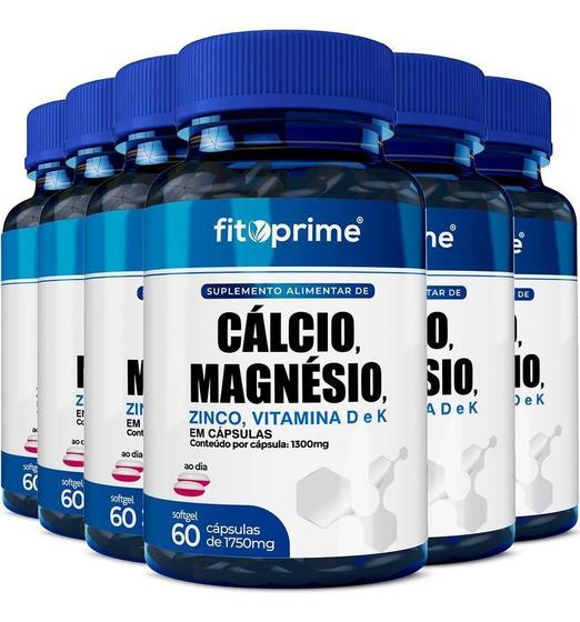 Imagem de Kit 6 Cálcio Magnésio Zinco Vitaminas D3 K2 60 Capsulas