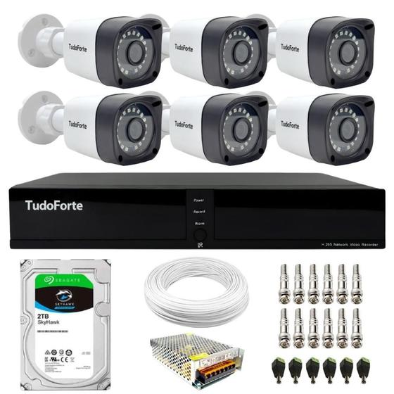 Imagem de Kit 6 Câmeras Bullet Tudo Forte TF 2020 B Full HD 1080p com Visão Noturna 20M Proteção IP66 + DVR Tudo Forte TFHDX 3308 8 Canais + HD 2TB Skyhawk