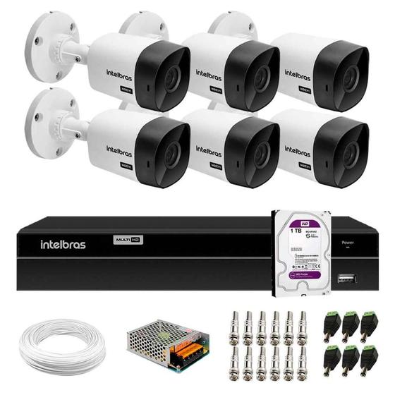 Imagem de Kit 6 Câmeras Bullet VHC 1120 B HDCVI HD 720P IP66 Visão Noturna 20M Intelbras + DVR MHDX 1208 com 8 Canais Multi HD Intelbras + HD 1TB Purple