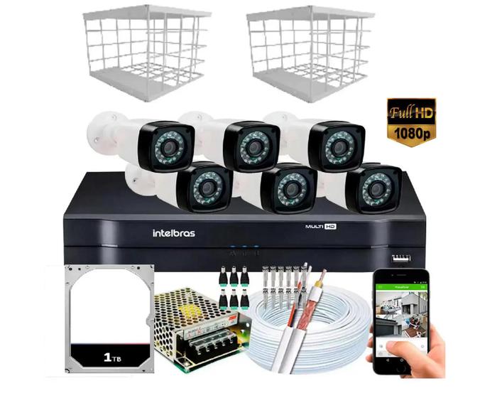 Imagem de Kit 6 Câmeras + DVR Intelbras + Câmeras Full HD 1080p 20m Infra + Acessórios c/ 1TB Armazenamento