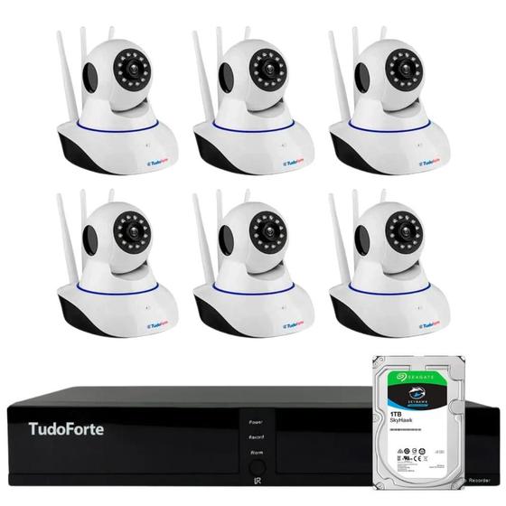 Imagem de Kit 6 Câmeras Robô IP Wifi HD 720p Sem Fio Com áudio e Visão Noturna Tudo Forte + DVR Gravador TFHDX 3304 4 Canais + HD 1TB Skyhawk