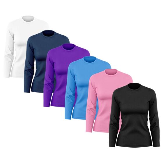 Imagem de Kit 6 Camisetas Feminina Manga Longa Dry Fit Básica Lisa Proteção Solar UV Térmica Blusa Academia Esporte Praia 05