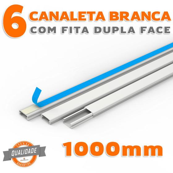 Imagem de Kit 6 Canaletas PVC Branco com Fita Dupla Face de 1 Metro