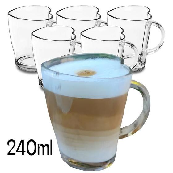 Imagem de Kit 6 Caneca Cappuccino Formato Coração Xícara De Vidro 240ml