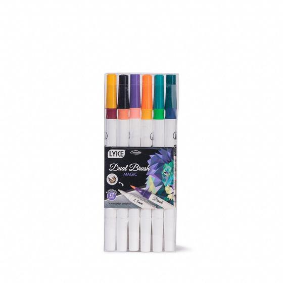 Imagem de Kit 6 canetas marcador dual brush 12 cores magic (brush+marker) - lyke