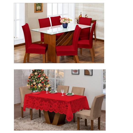 Imagem de Kit 6 Capas Cadeira Jantar Decoração Natal  + Toalha de Mesa 6 Lugares Renda Vermelho