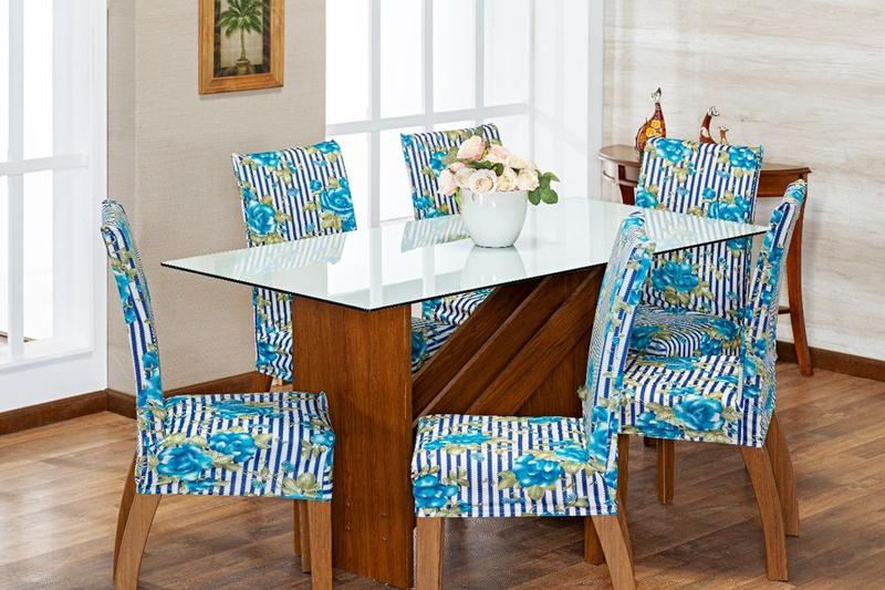 Imagem de Kit 6 Capas de Cadeira Estofada Sala de Jantar Moderna Malha Helanca com Elastano Lindas Estampas