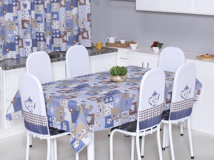 Imagem de Kit 6 Capas de Cadeira + Toalha de Mesa 2,20 x 1,40 Encosto Tubular Cozinha Sala de Jantar