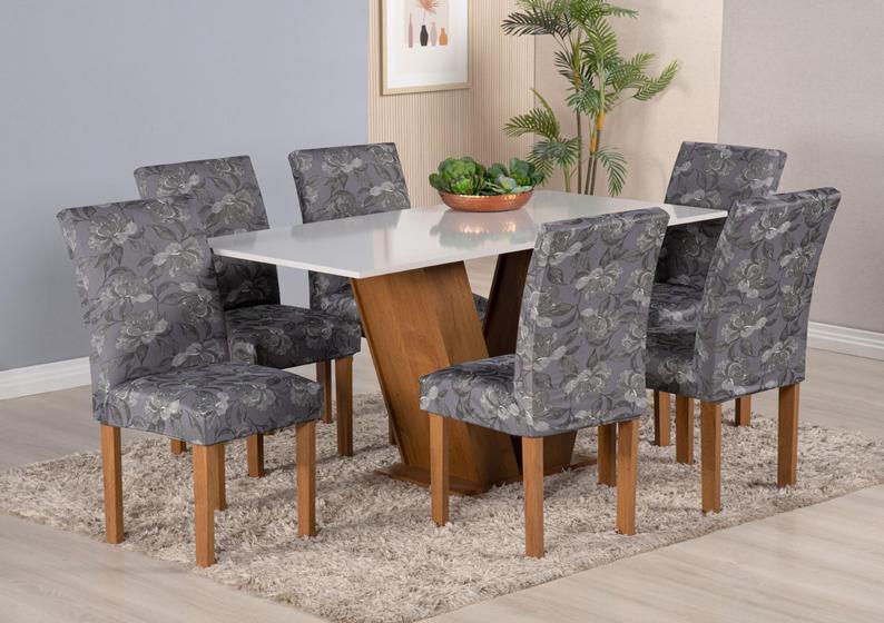 Imagem de Kit 6 Capas Para Cadeira Jantar Malha Com Elástico Estampada Floral Cinza