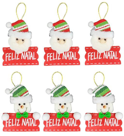 Imagem de Kit 6 Carinhas Papai Noel e Boneco de Neve Placa Feliz Natal Pelúcia 12cm - Master Christmas