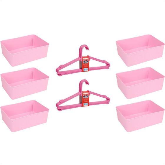 Imagem de Kit 6 Cestos Multiuso e 10 Cabides Infantil Reforçado Rosa