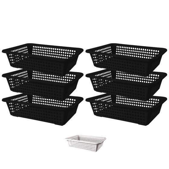 Kit 6 Cestos Organizador Plástico 28x21 Multiuso Lavanderia Gaveta c/ Furos Design Moderno e Leve Menor preço em Kit 6 Cestos Organizador Plástico 28x21 Multiuso Lavanderia Gaveta c/ Furos Design Moderno e Leve
