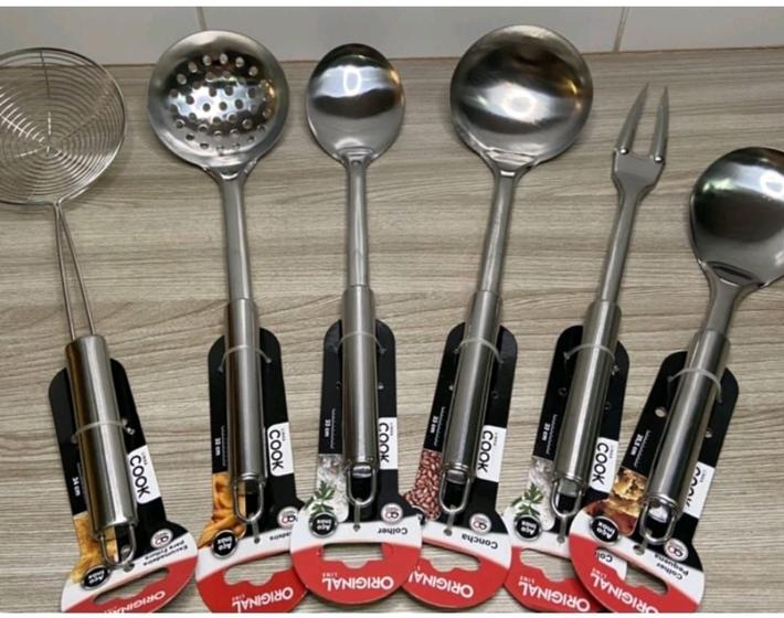 Kit 6 Colheres Cook Premium de Inox Original Line Extra Grande - 2 Colheres de Arroz 1 Concha 1 Escumadeira 2 pegadores Menor preço em Kit 6 Colheres Cook Premium de Inox Original Line Extra Grande - 2 Colheres de Arroz 1 Concha 1 Escumadeira 2 pegadores