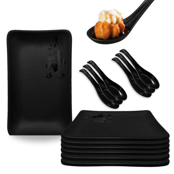 Imagem de Kit 6 Colheres para Sopas e Molhos Preta + 6 Travessas Prato para Sushi 18 X 11 Cm Melamina