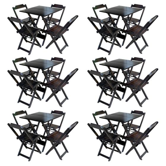 Imagem de Kit 6 Conjuntos de Mesa com 4 Cadeiras de Madeira Dobravel 70x70 Tabaco