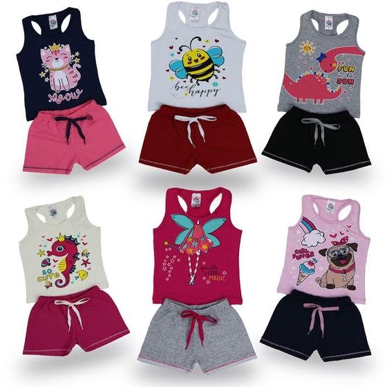 Imagem de Kit 6 Conjuntos de Roupas Blusas e Shorts Infantil Feminina Algodão Tamanho 1 ao 8 Anos