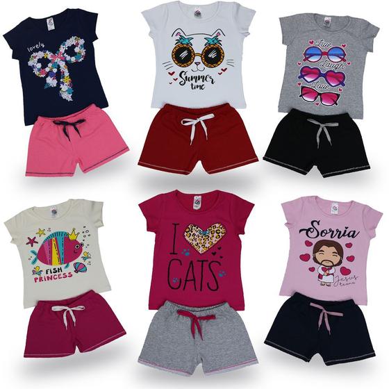 Imagem de KIT 6 Conjuntos de Verão Blusinhas Manga curta e Shorts Roupas de Meninas Infantil