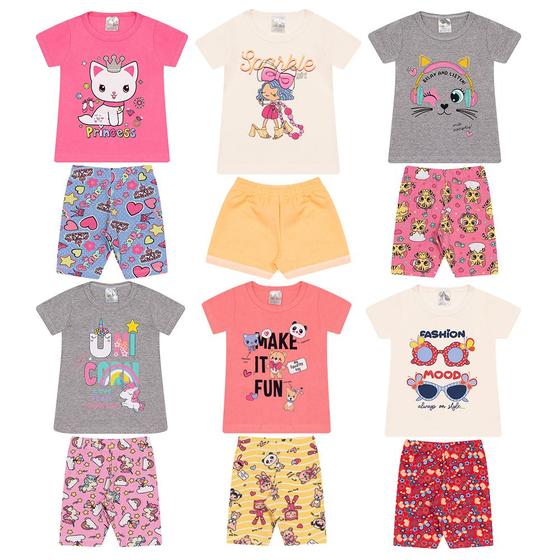 Imagem de Kit 6 Conjuntos Infantil Menina 12 Peças Camisetas e Shorts