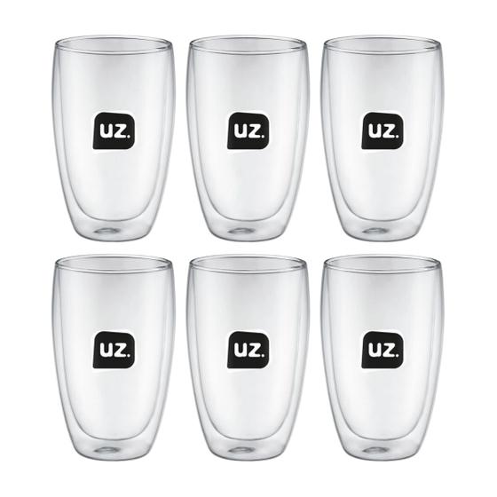Imagem de Kit 6 Copo Térmico Parede Dupla de Vidro Borossilicato 450ml Grande Transparente UZ