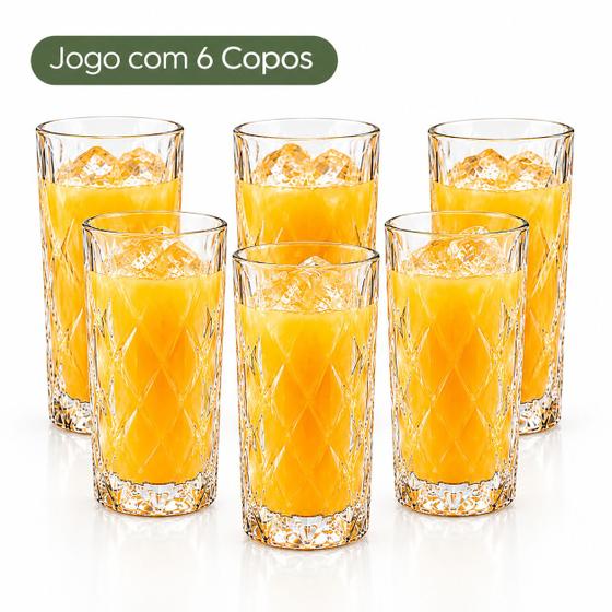 Kit 6 Copos de Vidro 220ml Diamond Long Drink Alto Resistente