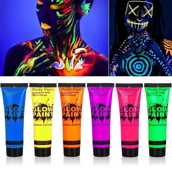 Kit 6 Cores Tinta Neon Fluorescente Corporal E Rosto 25ml Para Maquiagem De Festa Halloween Carnaval Imagem de Kit 6 Cores Tinta Neon Fluorescente Corporal E Rosto 25ml Para Maquiagem De Festa Halloween Carnaval