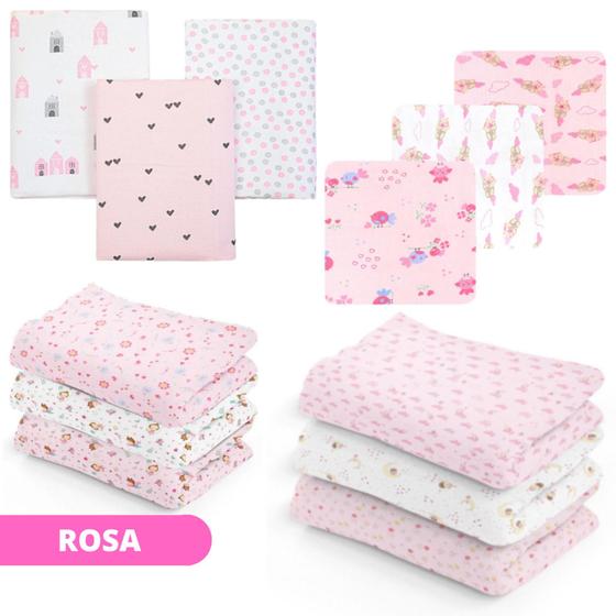 Imagem de Kit 6 Cueiros Bebê Manta Flanelado Estampado Menino e Menina 100% algodão 80cm x 60cm Minasrey