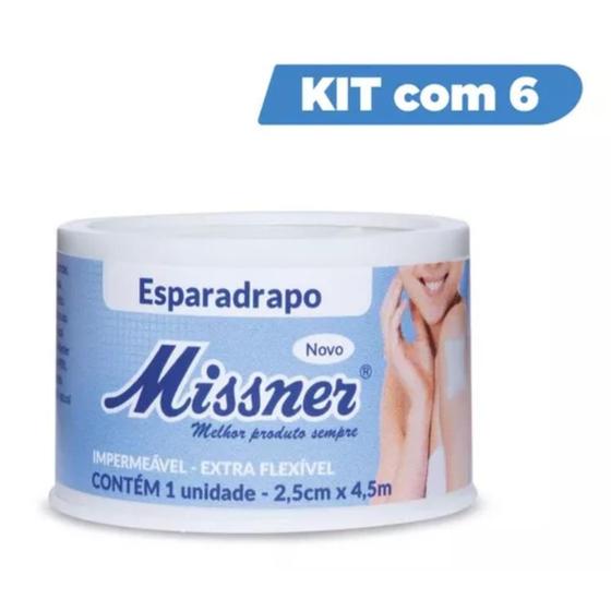 Imagem de Kit 6 Esparadrapo Impermeável Branco Missner 2,5cm x 4,5m