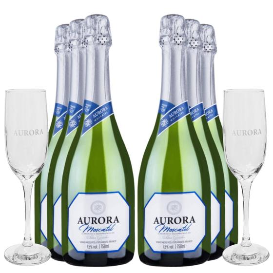 Imagem de KIT 6 Espumantes Aurora Moscatel Branco + 2 Taças, 6x750ml