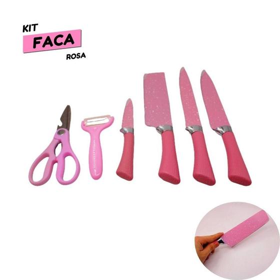 Imagem de KIT 6 facas Rosa Antiaderente Profissional De Cozinha Faqueiro Gourmet e Churrasco