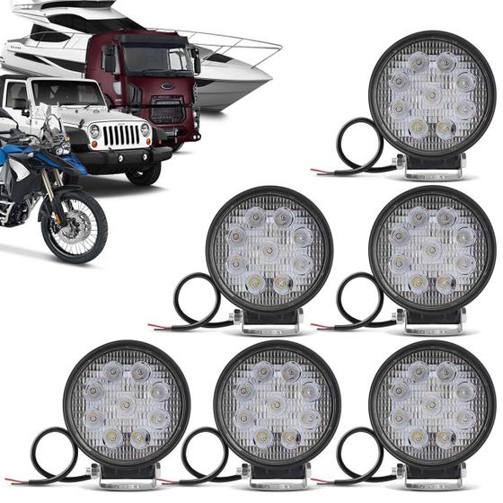 Imagem de Kit 6 Faróis de Milha Redondo Universal 9 LEDs 6000K 27W Branco Carro Moto Caminhão Jeep Auxiliar