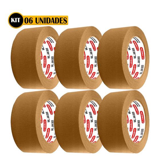 Imagem de Kit 6 Fitas Adesiva Crepe Kraft Marrom Corrugada 770 Sem Reforço 48mm x 50m Para Caixa de Papelão Impermeável Adelbras