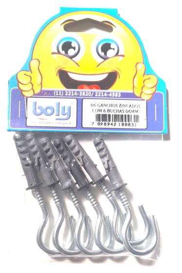Imagem de Kit 6 Ganchos Boly Zincados + 6 Buchas 6mm Com Anel