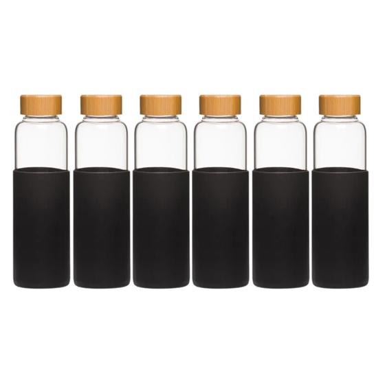 Imagem de Kit 6 Garrafa De Vidro Silicone Tampa Bambu 550ml Design Charmoso Antiderrapante Portáteis