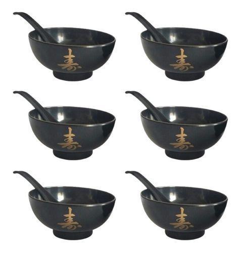 Imagem de Kit 6 Jogo Tigela Bowl Sopa Colher Gourmet Oriental Lengue Preto
