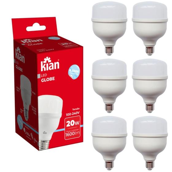 Imagem de Kit 6 Lâmpadas Led 20W Bulbo Bivolt Alta Potencia Branca Fria 6500k Para Casa e Comércio