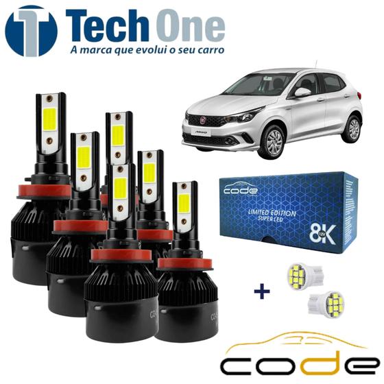 Imagem de Kit 6 Lâmpadas Super Led 8000K Tech One Fiat Argo 2017/2022 Farol Alto Baixo e Milha + Pingo T10