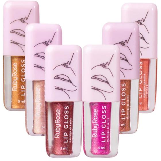 Imagem de Kit 6 Lip Gloss Ruby Rose Brilho Labial Com Glitter 6 Cores