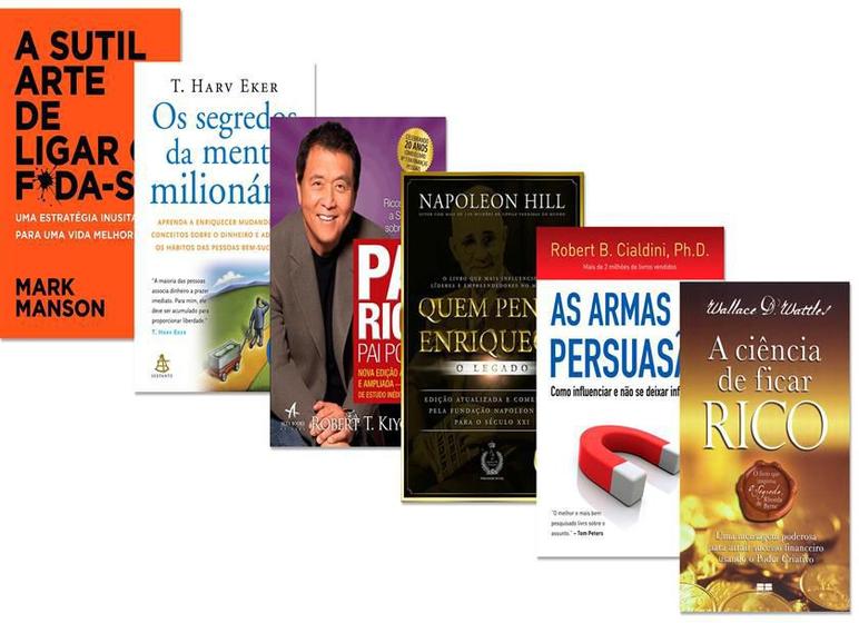 Imagem de Kit 6 Livros Armas da Persuasão + Segredos da Mente Milionária + Pai Rico Pai Pobre + Quem Pensa Enr - Sextante