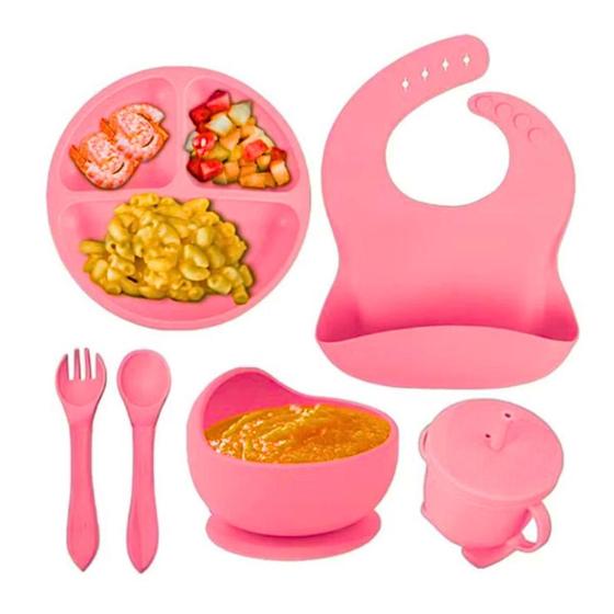 Imagem de Kit 6 Louças Refeição Bebê Silicone Colher Pratinho Babador Infantil Ventosa