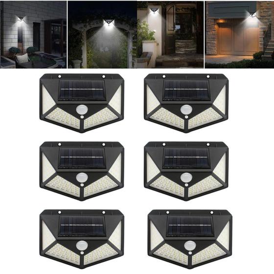 Kit 6 Luminárias Arandela Solar De 100 Leds Com Sensor De Presença Fotocélula Luz Branco Frio