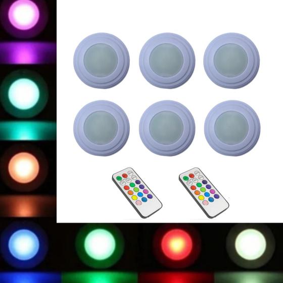Imagem de Kit 6 Luminárias Lâmpadas Led Spots Redondas Adesivas RGB Coloridas Multicolor Sem Fio Com Controle Remoto Para Armários