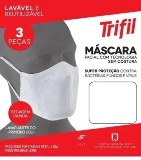 Imagem de Kit 6 Máscaras De Proteção Trifil Fit Antimicrobial Lavável branca