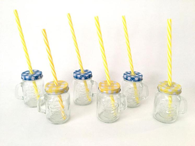Imagem de Kit 6 Mini Canecas Vidro Alça Tampa Collor AzulAmarelo e Canudos 8x5cm 110ml
