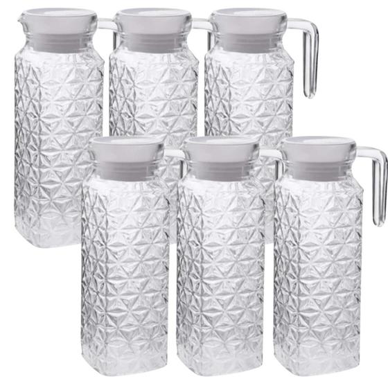 Imagem de Kit 6 Mini Jarra Vidro Grosso Com Tampa Água Suco Refresco 600ml