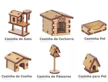 Imagem de Kit 6 Miniatura Casinha Pet Cachorro Gato Coelho Pássaro Mdf