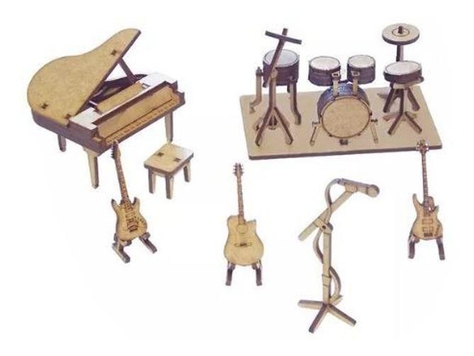 Imagem de Kit 6 Miniatura Instrumentos Musicais Piano Guitarra Mdf