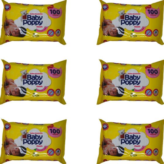 Imagem de Kit 6 Pacotes de Toalhinhas Umedecidas Baby Poppy 100 Unidades