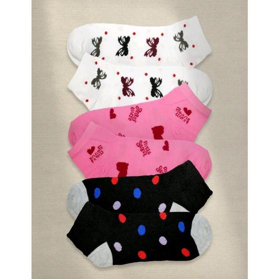 Imagem de Kit 6 pares de meia feminina soquete colorida estampada em algodão