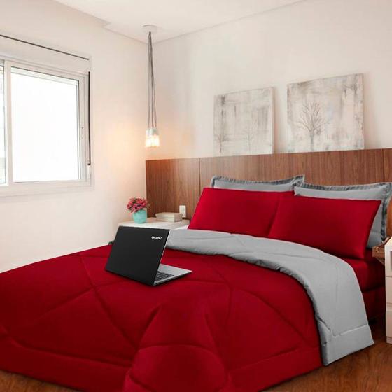 Imagem de Kit 6 pças Jogo de Cama Afável Microfibra Casa Dona Original Vermelho e Cinza